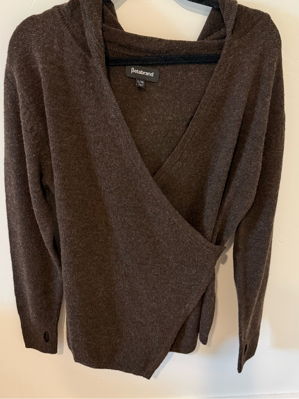 Betabrand Women's Brown Hooded Wrap Sweater L/XL Wool Cozy Fall Warm Winter